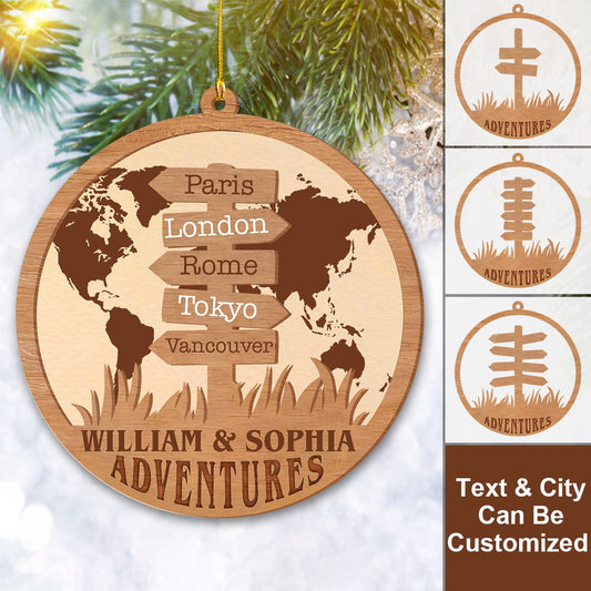 Travel Adventures Personalized 2-Layer Wooden Christmas Ornament, Gift For Travel Lovers