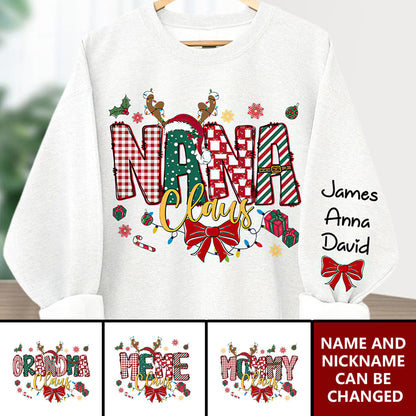 Personalized Christmas Nana Claus Sweatshirt, Custom Mama Claus Christmas Tree Cake Coquette Bow Candy Cane Santa Hot Cocoa Sweatshirt