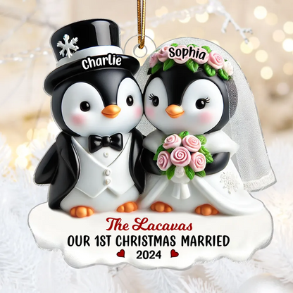 3D Effect Penguins Just Married Couple Groom & Bride Wedding First Christmas Together Personalized Acrylic Ornament