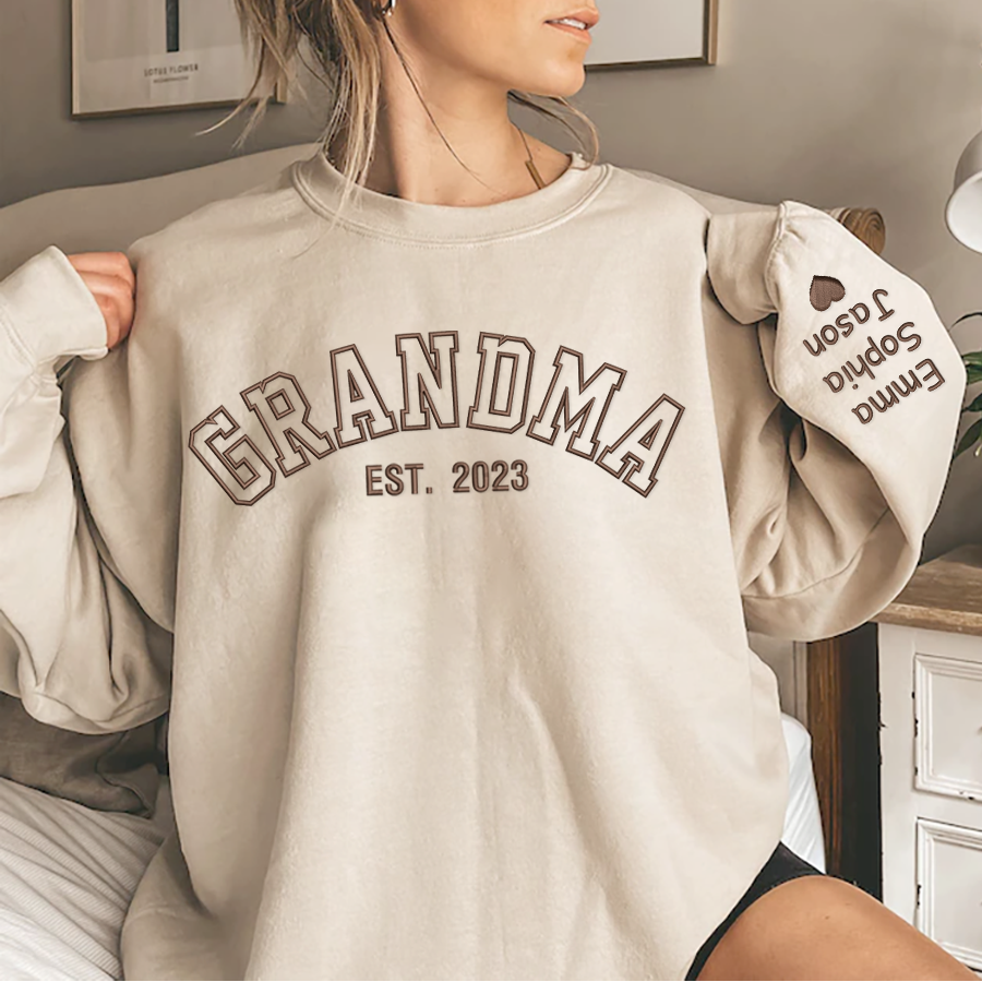 Custom Grandma Embroidered Sweatshirt, Grandma Est And Kids Name On Sleeve Sweatshirt, Mother's Day Gift For Grandma Mimi Nana Gigi Gaga Grammy