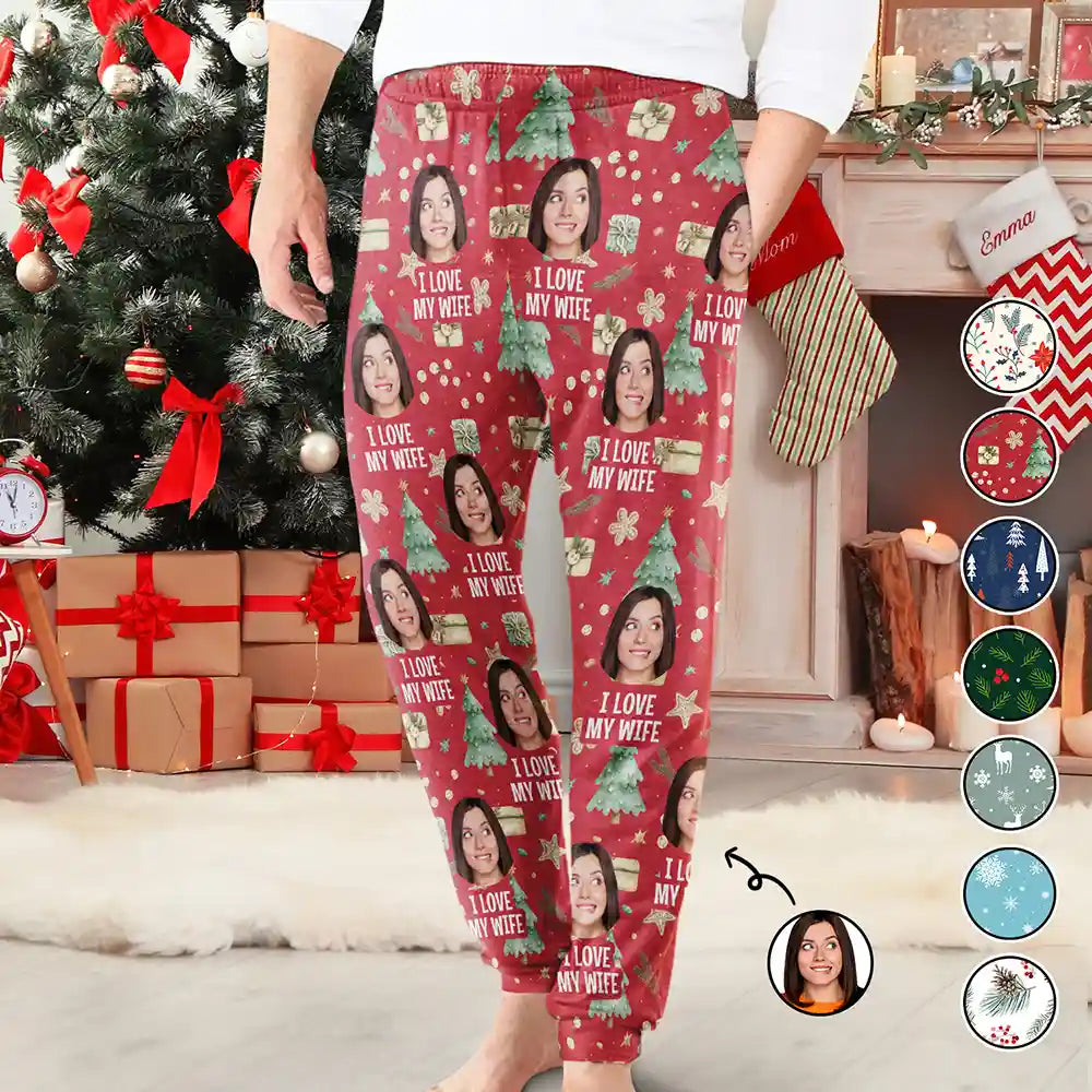 Custom Photo I Love My Wife Christmas Pattern - Personalized Pajama Pants