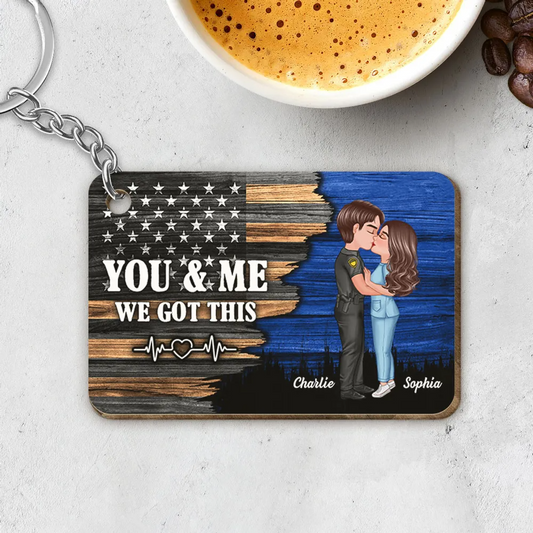 Hero Couple Kissing Half Flag Gift by Occupation Firefighter, Nurse, Police Officer Personalized Wooden Keychain