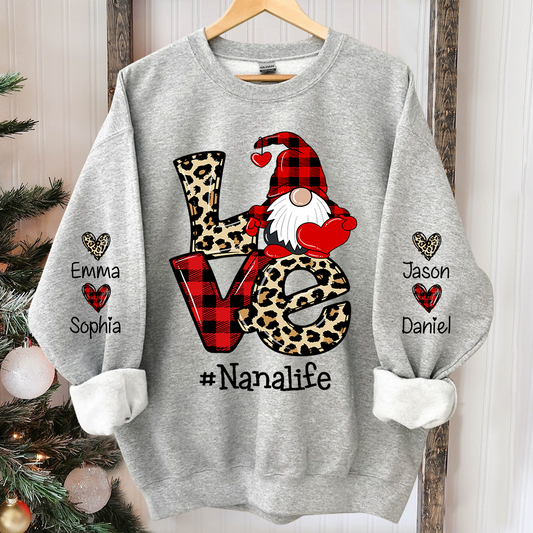 Love Nana Life Leopard Plaid Gnome Heart, Custom Nana And Kids Christmas, Grandma Gift TH Sweatshirt