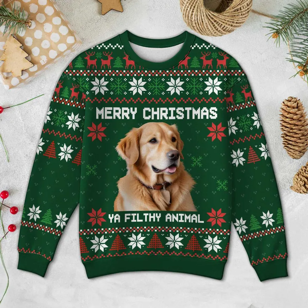 Merry Christmas Ya Filthy Animal Photo Inserted Personalized Faux Knit Ugly Sweater