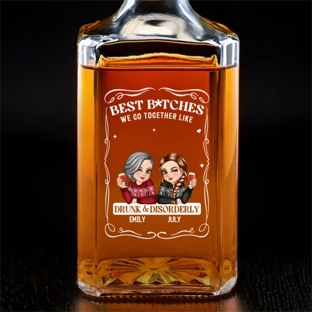 Custom Glass Whiskey Bottle - Personalized Best Friend Birthday Gifts For Women, Besties, Sisters, BFF , Wine, Bourbon, Whiskey Lovers - Forever Drunk On Friendship