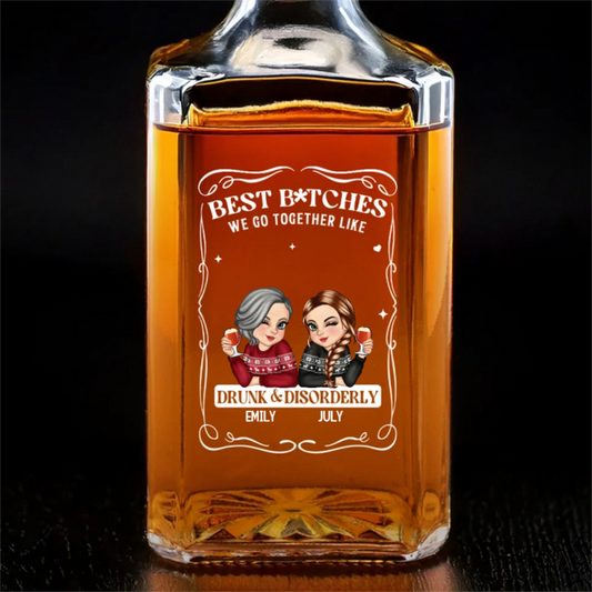 Custom Glass Whiskey Bottle - Personalized Best Friend Birthday Gifts For Women, Besties, Sisters, BFF , Wine, Bourbon, Whiskey Lovers - Forever Drunk On Friendship