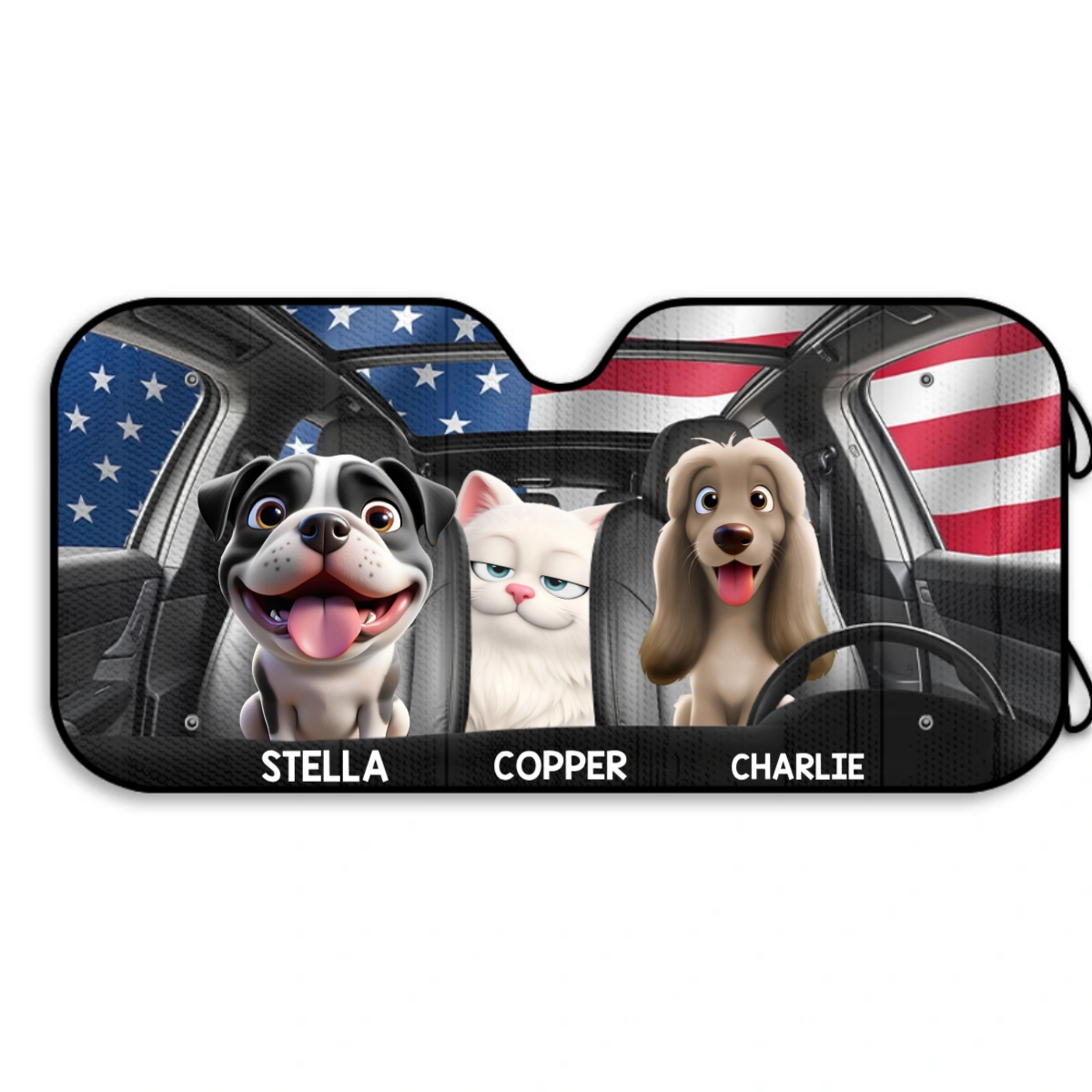 Funny Dog Cat US Flag - Personalized Auto Sunshade