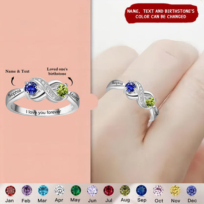 Personalized Infinity Mothers Rings with 2 Round Birthstones Custom Engraved Name Engagement Promise Rings