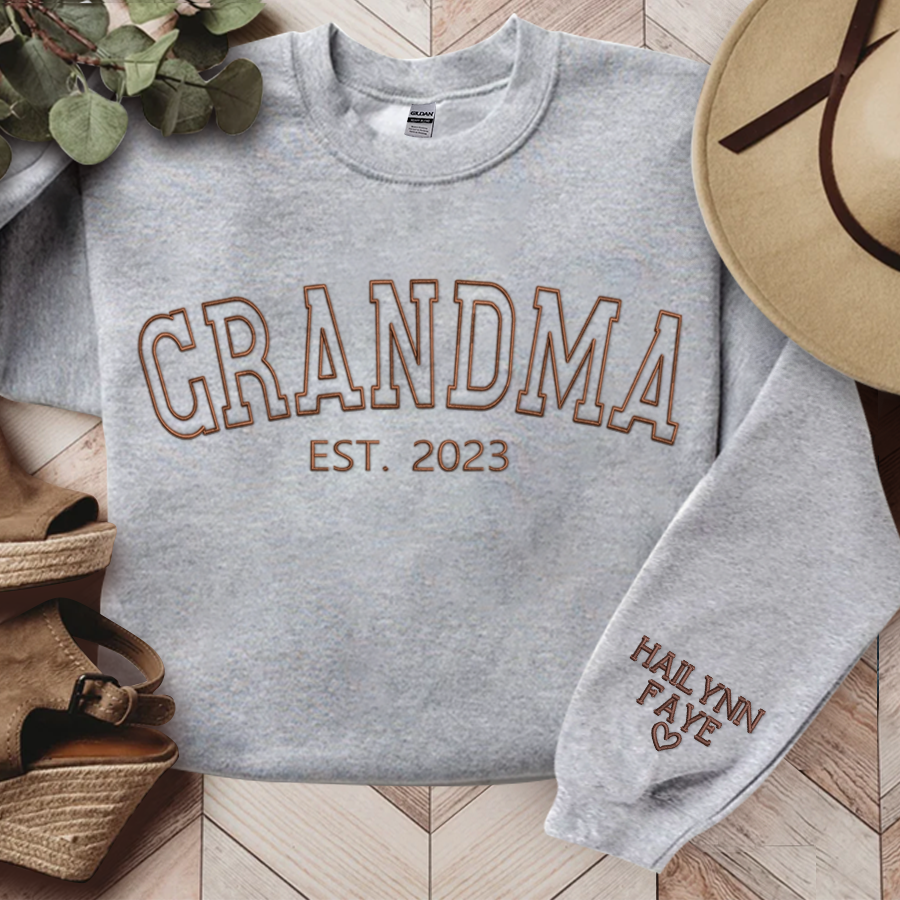 Personalized Grandma Embroidered Sweatshirt, Custom Grandma Est And Kids Name On Sleeve Sweatshirt, Mother's Day Gift For Grandma Mimi Nana Gigi Gaga