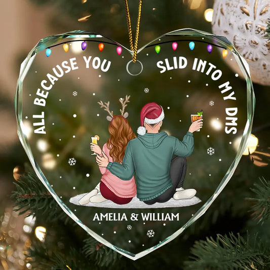 All Because You Slid Into My DMs Christmas Couple - Personalized Heart Shaped Acylic Ornament