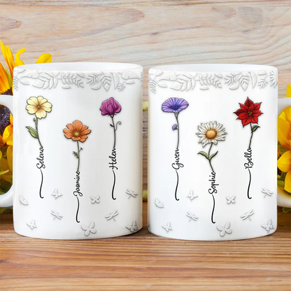 Birth Flowers For Mom, Grandma, Besties - 3D Embossed Effect Printed Mug, Personalized White Edge-to-Edge Mug