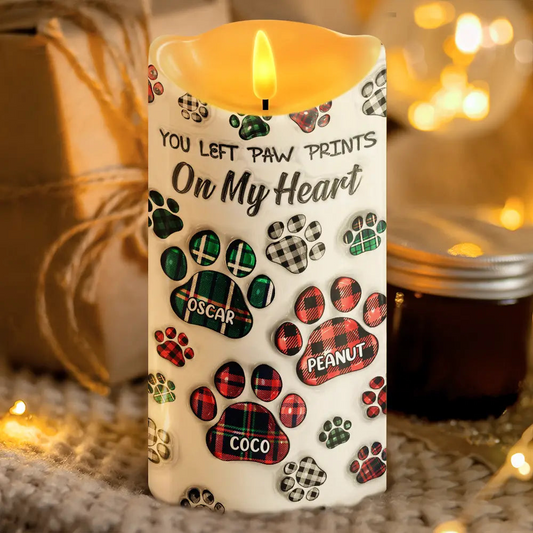 Memorial Dog Cat You Left Paw Prints On My Heart - 3D Inflated Effect Printed, Personalized Flameless LED Candle