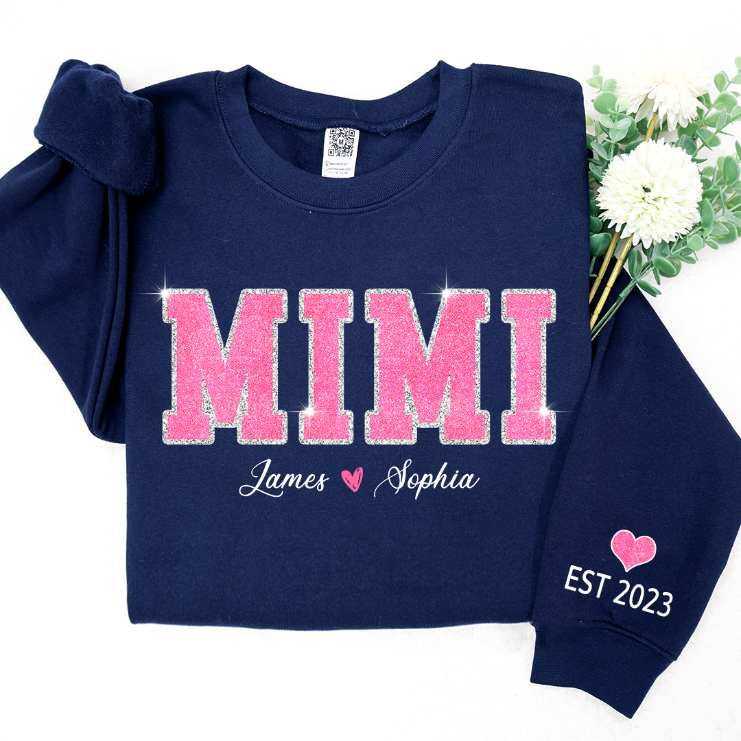 Personalized Mimi Pink Glitter, Custom Grandma Est With Kids TH Sweatshirt