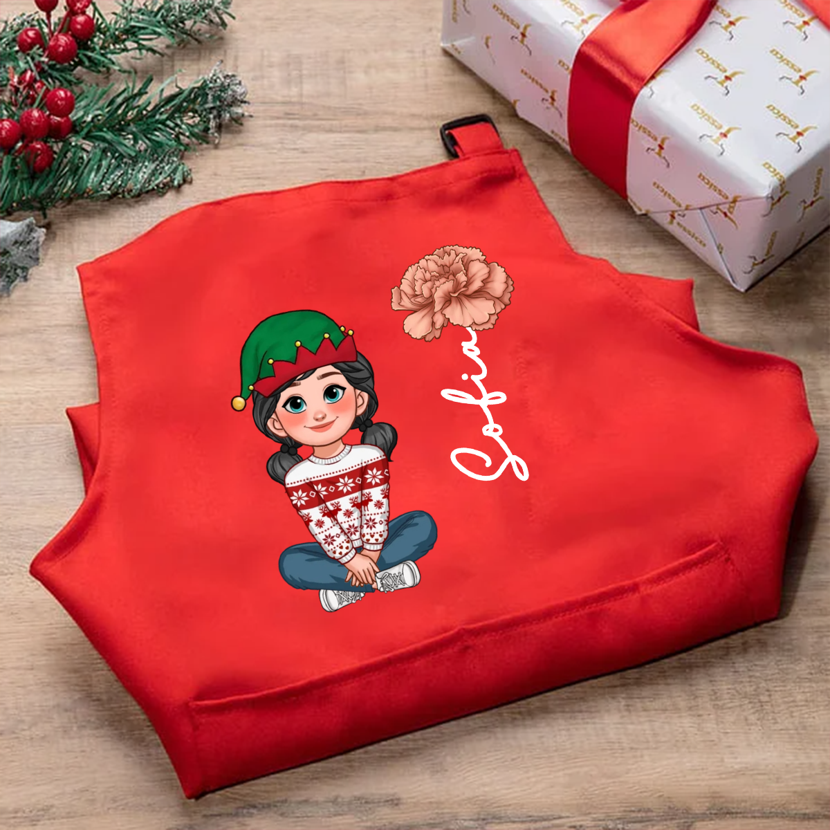 Personalised Cartoon Character Birth Flower Name Adjustable Kid Apron Chef Hat Set with Pocket for Cooking Christmas Birthday Gift for Boys Girls