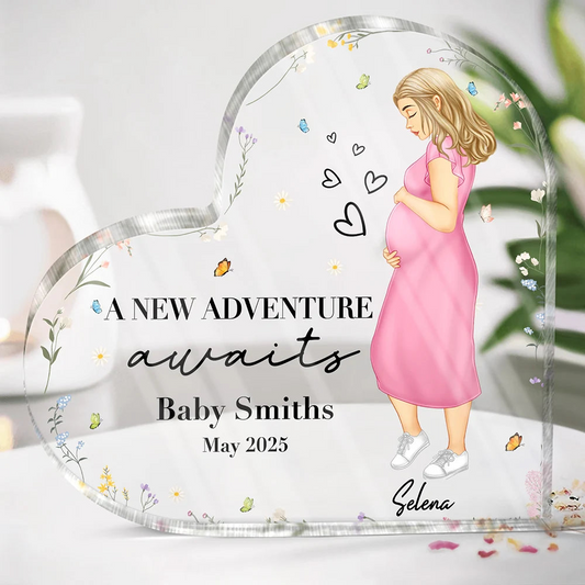 Pregnant Mom Wife A New Adventure Awaits - Personalized Heart Shaped Acrylic Plaque