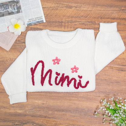 Custom Hand-Embroidered Knitted Sweater - Personalized Name Sweater for Grandma, Mimi, or Nana - Soft and Cozy Gift for Grandparents