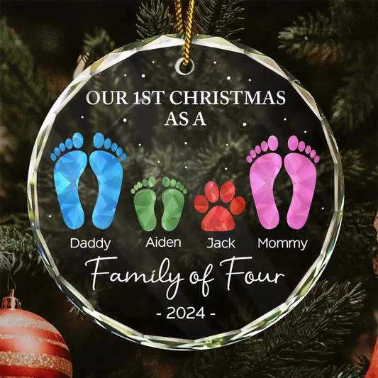 First Christmas As A Family Of Four Footprints - Personalized Circle Ornament