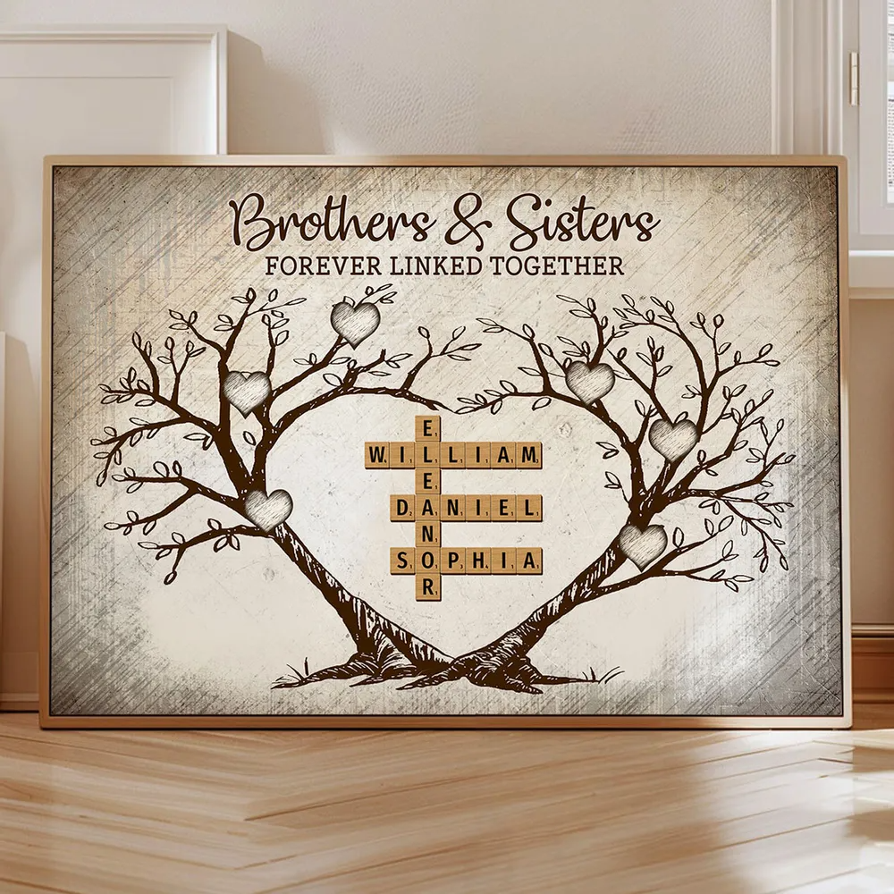 Brothers & Sisters Forever Linked Together Heart Tree Puzzle Crossword Art Personalized Poster, Gift For Brothers, Sisters, Siblings