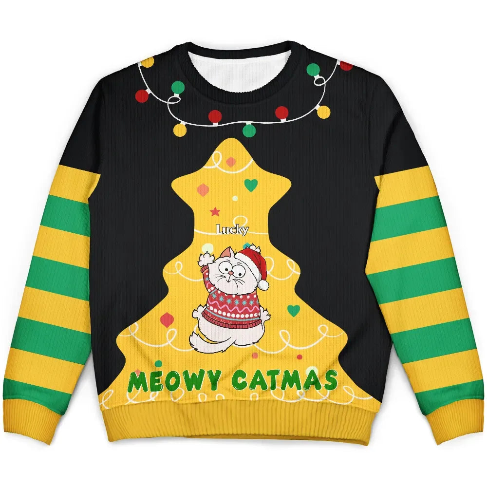 Cat Climbing Christmas Tree - Personalized Unisex Ugly Sweater