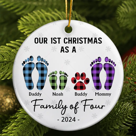 First Christmas As A Family Of Four Flannel Footprints - Personalized Circle Acrylic Ornament