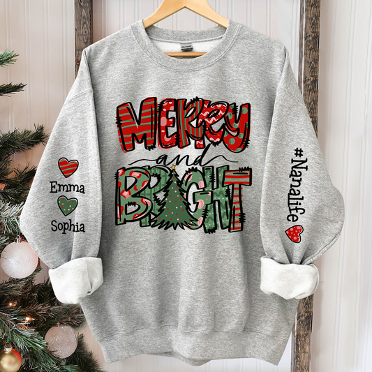 Merry And Bright Sweatshirt, Custom Nana And Kids Christmas, Grandma Gift TH Sweatshirt