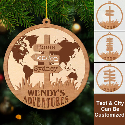 Travel Adventures Personalized 2-Layer Wooden Christmas Ornament, Gift For Travel Lovers