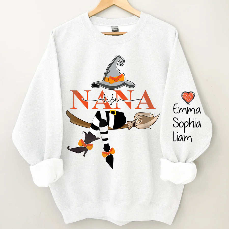 Personalized Nana Life Witch Halloween Sweatshirt, Custom Grandma With Grandkids Name On The Sleeve Halloween Sweatshirt