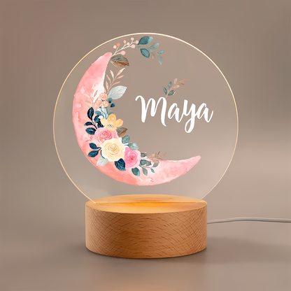 Personalised Moon Floral Pattern Nursery LED Night Light with Wooden Base Name Children's Room Decor Baby Shower Birthday Gift for Kid