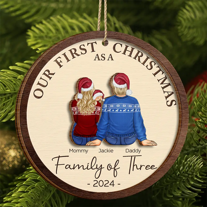 First Christmas As A Family Of Three New Parents - Personalized 2-Layered Wooden Ornament