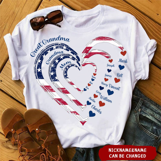 4th of July Great Grandma Grandma Mom Kids 3 Hearts Personalized Shirt