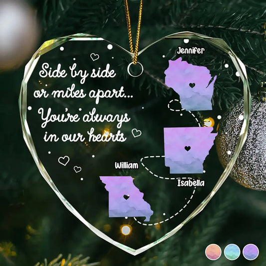 Side By Side Or Miles Apart Long Distance - Personalized Heart Shaped Acrylic Ornament