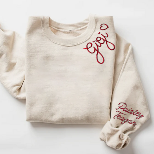 Custom Hand Embroidered Gigi Sweatshirt with Kids Name on Sleeve, Personalized Gigi Sweatshirt, Minimalist Grandma Sweater, Mothers Day Gift for Grandma Mimi Nana Gigi Gaga