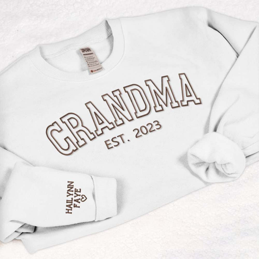 Personalized Grandma Embroidered Sweatshirt, Custom Grandma Est And Kids Name On Sleeve Sweatshirt, Mother's Day Gift For Grandma Mimi Nana Gigi Gaga