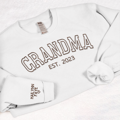 Personalized Grandma Embroidered Sweatshirt, Custom Grandma Est And Kids Name On Sleeve Sweatshirt, Mother's Day Gift For Grandma Mimi Nana Gigi Gaga