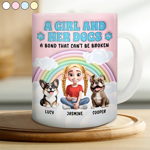 Rainbow A Girl And Her Dogs - 3D Inflated Effect Printed Mug, Personalized White Edge-to-Edge Mug