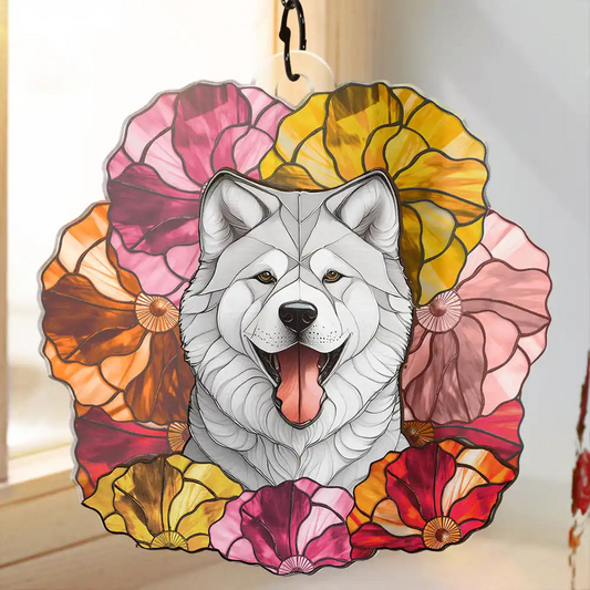 Floral Dog Cat Pet Portrait - Personalized Window Hanging Suncatcher Ornament