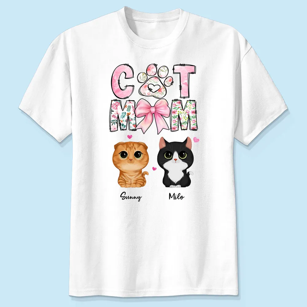 Cat Mom Pink Coquette Personalized Shirt, Watercolor Cute Cat, Gift for Cat Moms