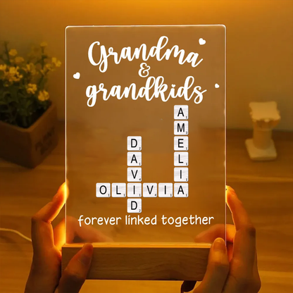 Grandma Grandpa & Grandkids Forever Linked Together Crossword Puzzle Personalized Acrylic Plaque With LED Night Light