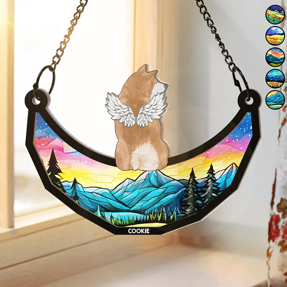 Memorial Dogs Cats Sitting On The Moon - Personalized Window Hanging Suncatcher Ornament