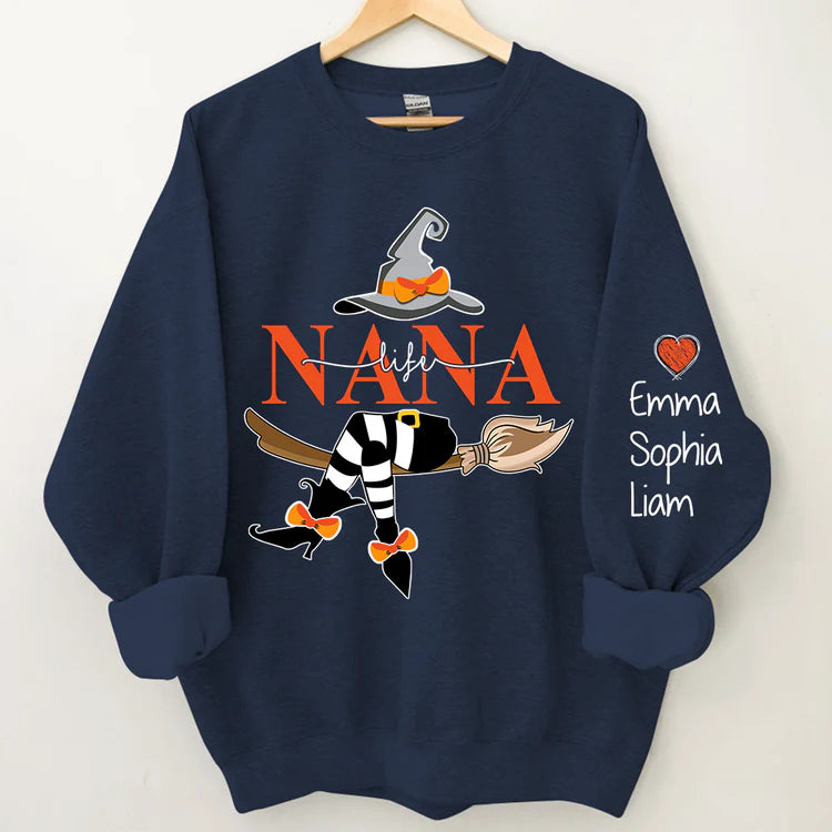 Personalized Nana Life Witch Halloween Sweatshirt, Custom Grandma With Grandkids Name On The Sleeve Halloween Sweatshirt