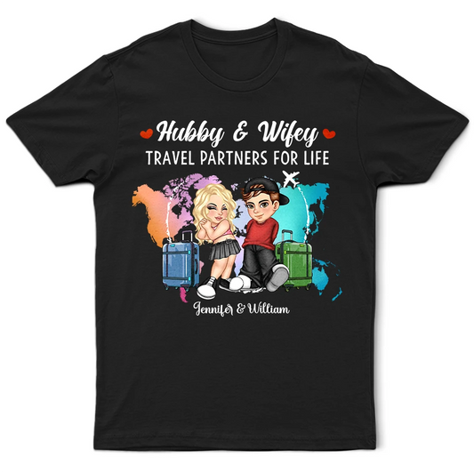 Y2K Couple Hubby & Wifey Travel Partners For Life - Personalized T-Shirt