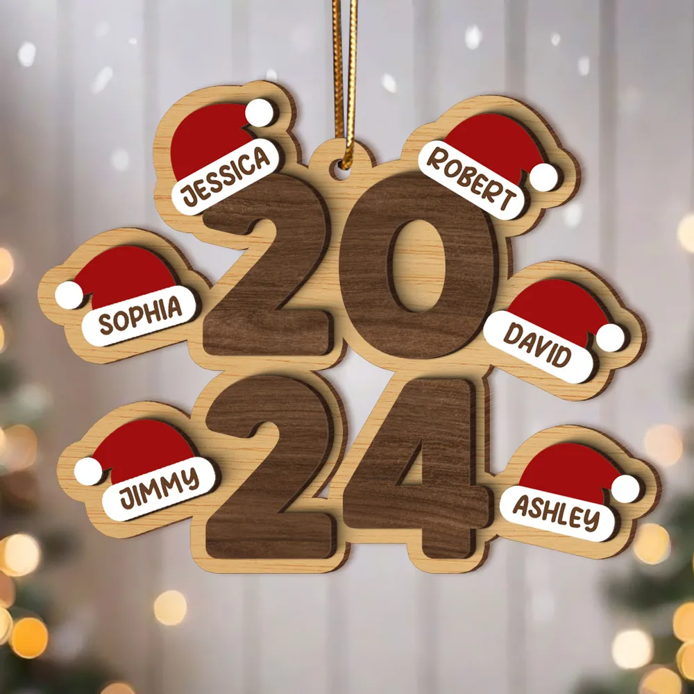 Family Stacked 2024 Santa Hats Personalized Wooden Ornament, Christmas Gift