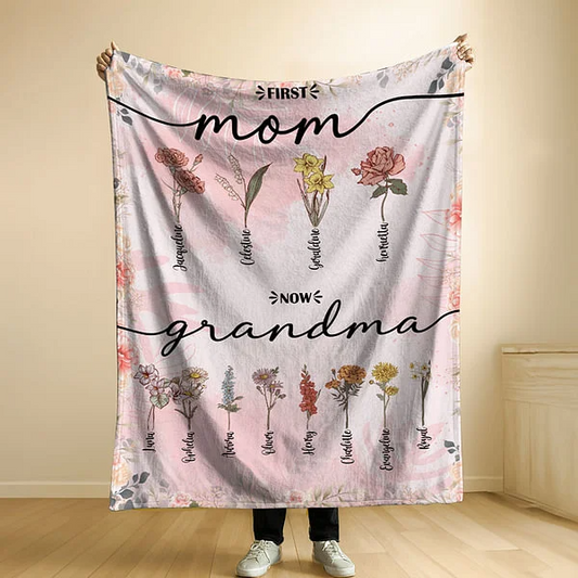 Personalised First Mom Now Grandma Birth Flower Fleece Blanket with Kid Names Women's Day Mother's Day Gift for Grandma Mom