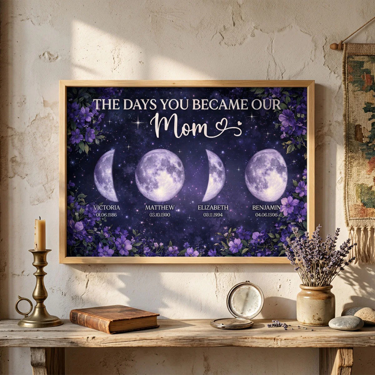 Purple Flowers The Day You Became Mom Grandma Custom Birth Moon Phase - Personalized Poster - Mother's Day Gift For Mom, Grandma
