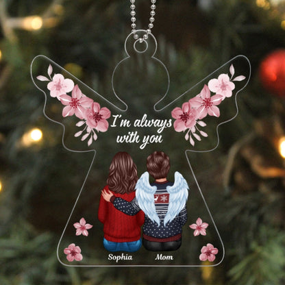 Always With You Pink Flowers Angel Shaped Memorial Keepsake Personalized Acrylic Ornament