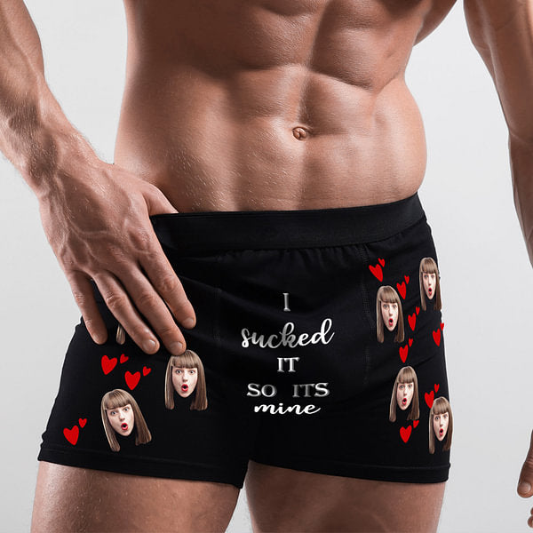 Personalised Face Photo Boxer Brief with Love Hearts I Sucked It So Its Mine Funny Quote Men's Underwear Valentine's Day Birthday Gift for Him