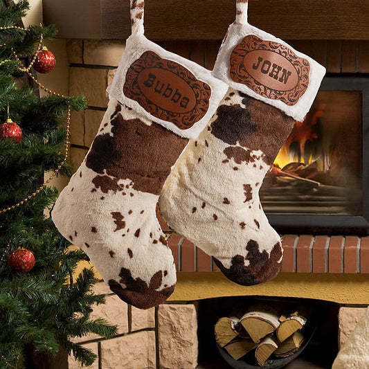 Personalised Western Cowboy Cow Print Fleece Christmas Stocking with Name Leather Patch Fireplace Tree Hanging Festival Decor Gift for Family Kids