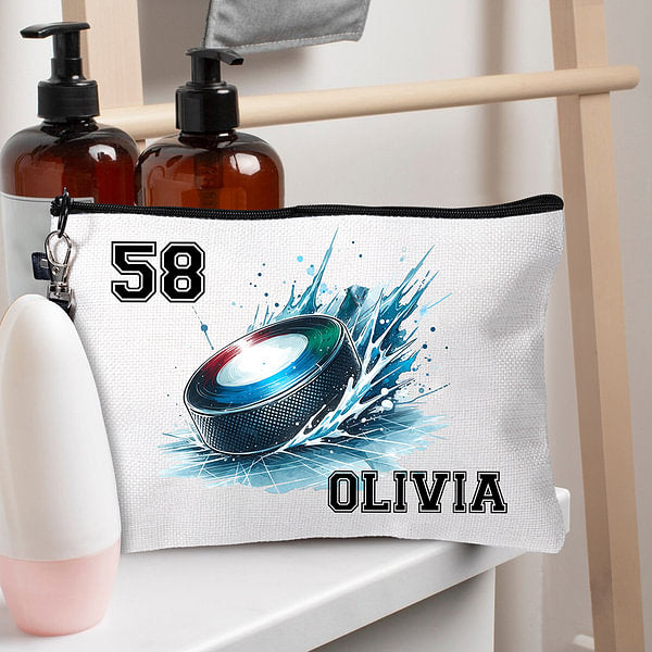 Personalised Neon Dynamic Hockey Design Linen Wristlet Makeup Bag with Name Birthday Sports Gift for Hockey Players Lovers