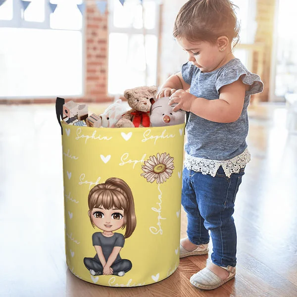 Personalised Cartoon Character Laundry Toy Storage Basket with Handle Birth Flower Name Birthday Christmas Gift for Girls Boys