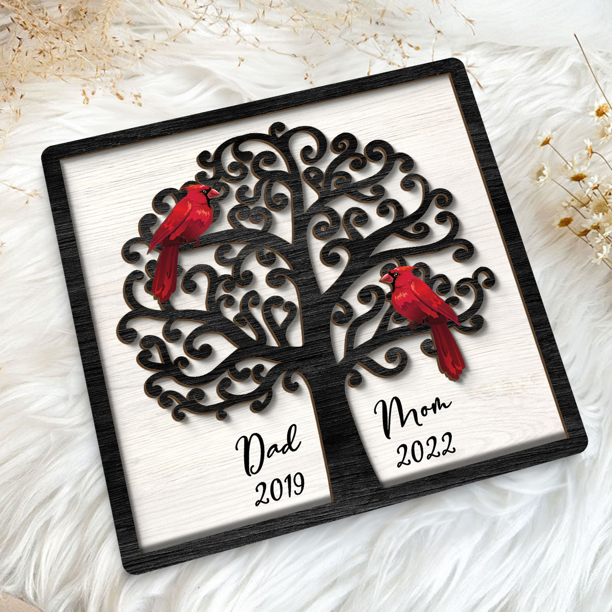Dad Mom Cardinal Tree Personalized 2-Layer Wooden Plaque